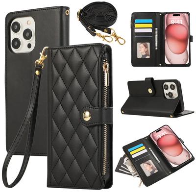 Чехол-книжка из кожи с ремешком для iPhone 16 15 Pro Max 14 Plus 13 Mini 12 11 X XS XR SE 2022 8 7 6 с застежкой-молнией и отделением для карт