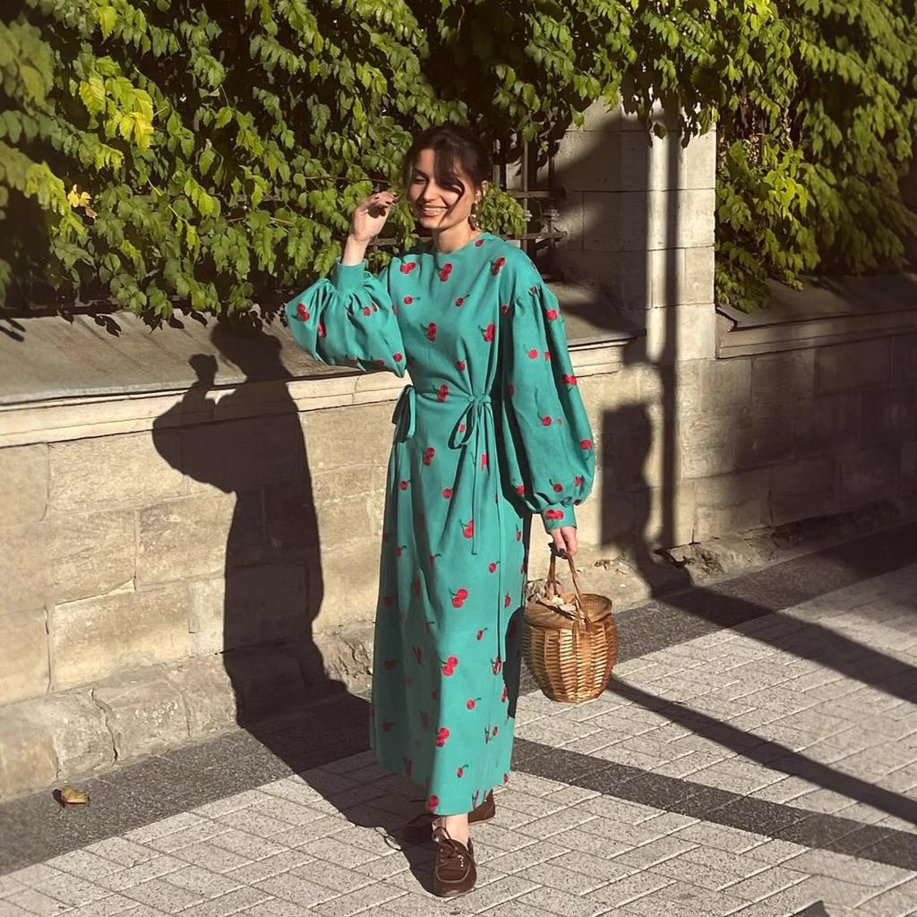 Женское весеннее европейское и американское новое модное ретро-платье с принтом, пышными рукавами, облегающее, на шнуровке