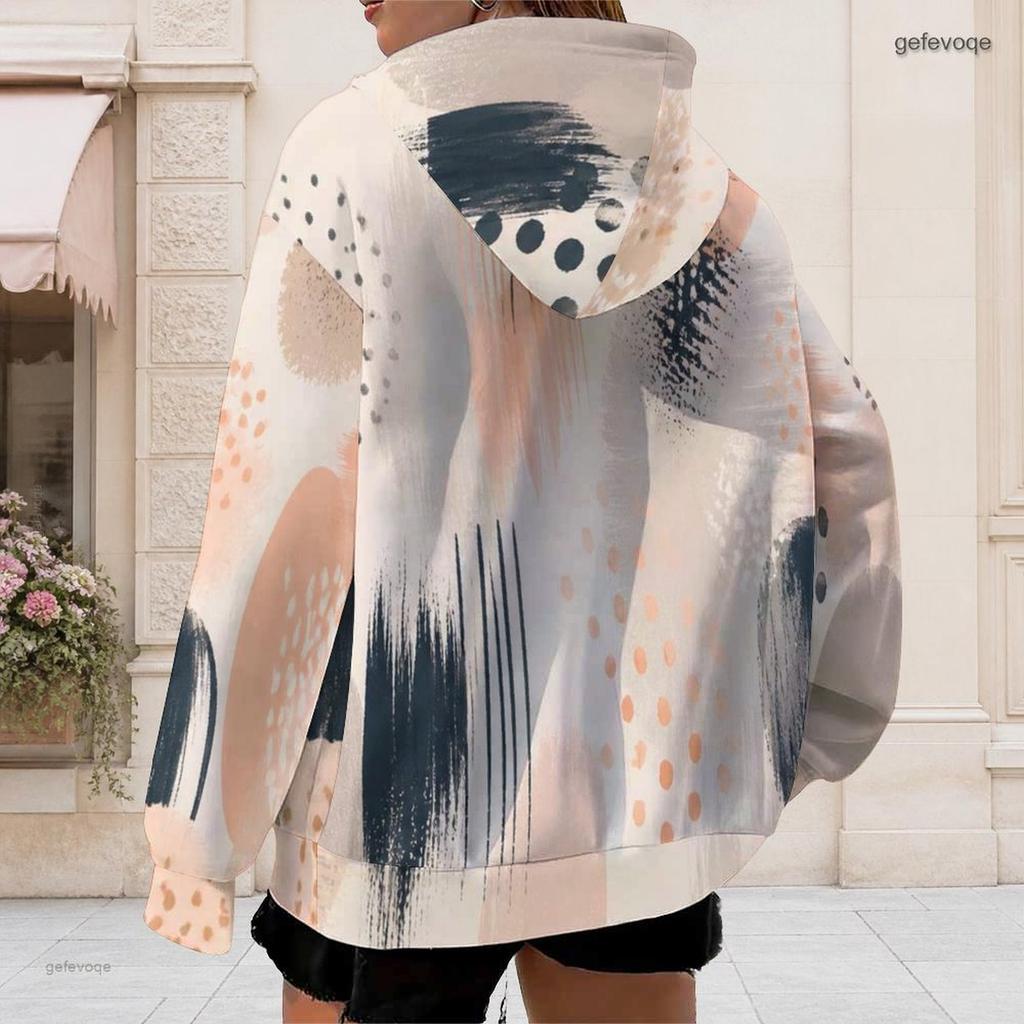 Women Plus Size Zip Up Hoodie Long Sleeve Drawstring Hood With Pockets Abstract Printed White Blue Green