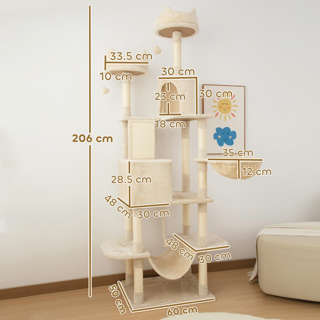 Cat Scratching Post, 206cm Tall, with 4 Posts. Caves, Baskets, and Hammocks. 6kg. Beige