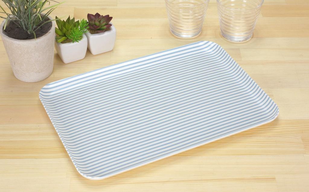 TATSU-CRAFT CN Tray, Medium, 33cm, Striped Blue, Non-Slip, Stylish and Cute Plastic Tray for Kitchen, Placemat, Waterproof, Large, Commercial Use,