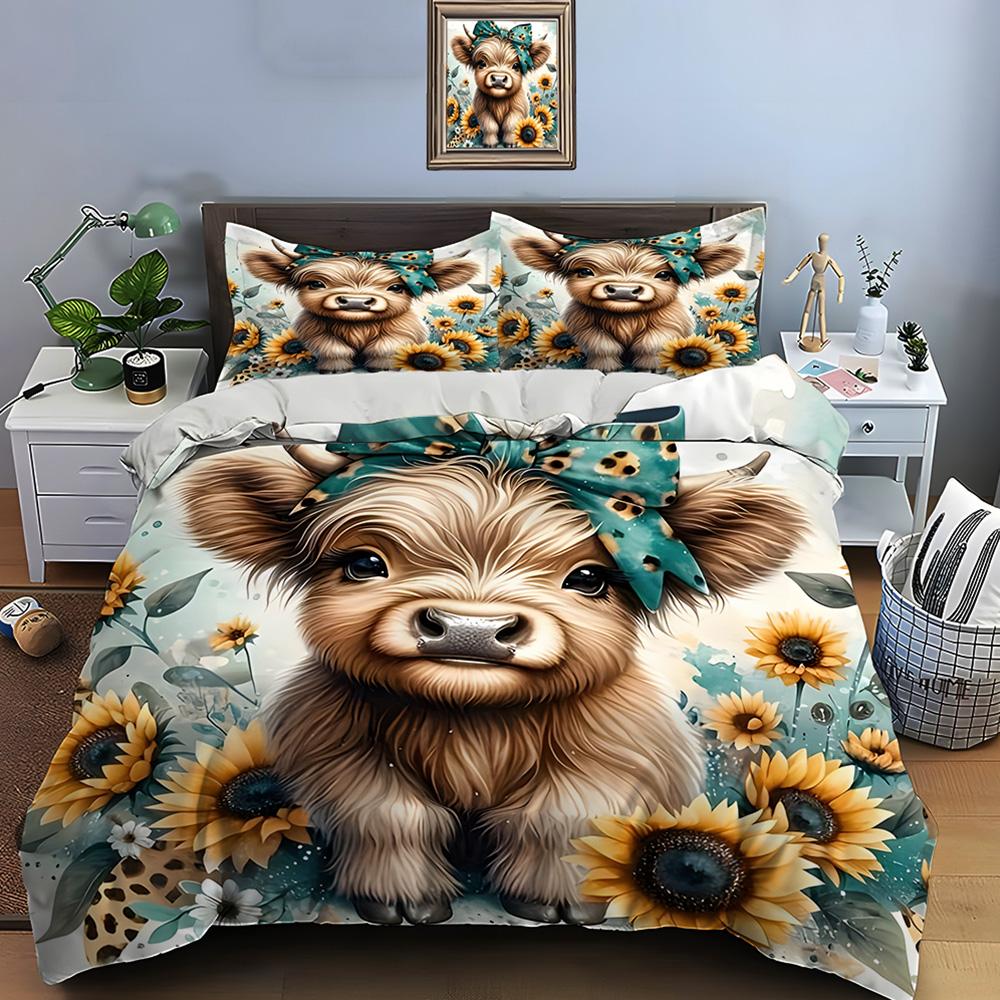 Милый принт шотландской высокогорной коровы, комплект постельного белья, пододеяльник 1, 2 наволочки, комплект постельного белья для взрослых и детей, роскошный