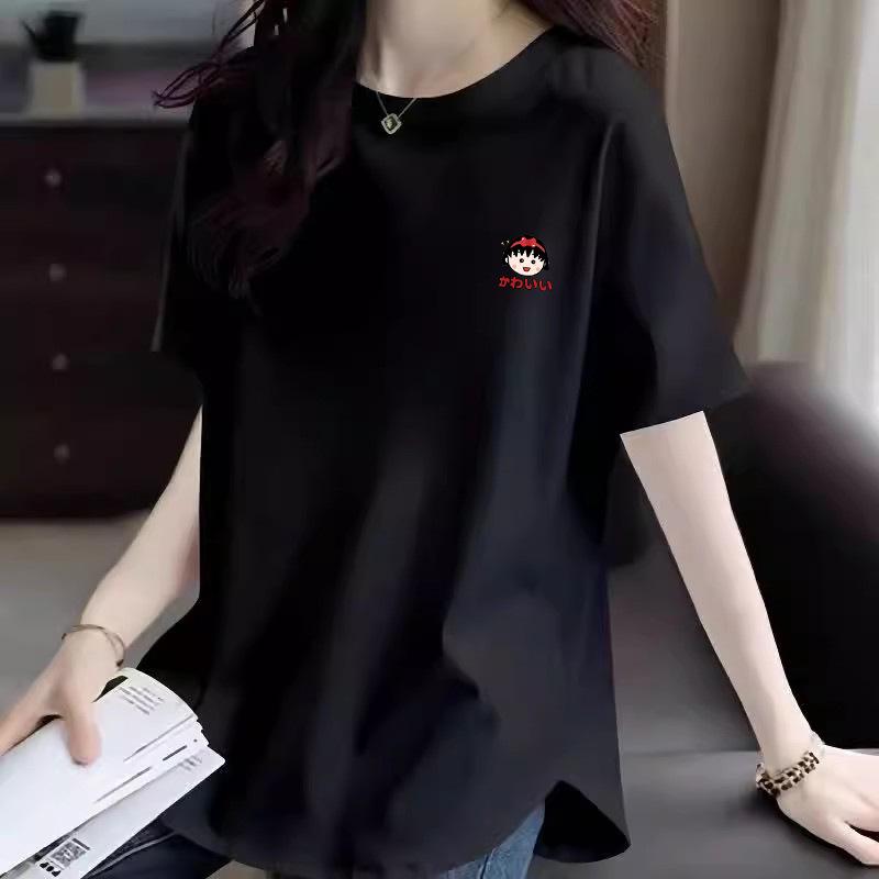 Women's 2025 Summer Cartoon Print White Cotton T-Shirt, Mid-Length, Short Sleeve, Loose Fit