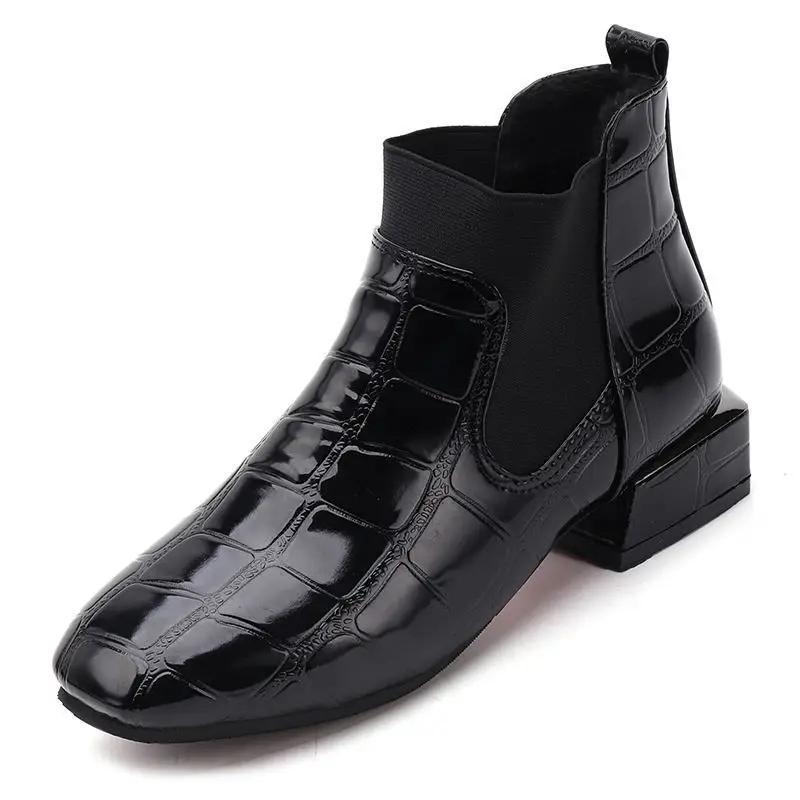 Шикарные женские ботинки из блестящей искусственной кожи, осенне-зимняя обувь, ботильоны на блочном каблуке с открытым носком, женские Botas Zapatos Mujer