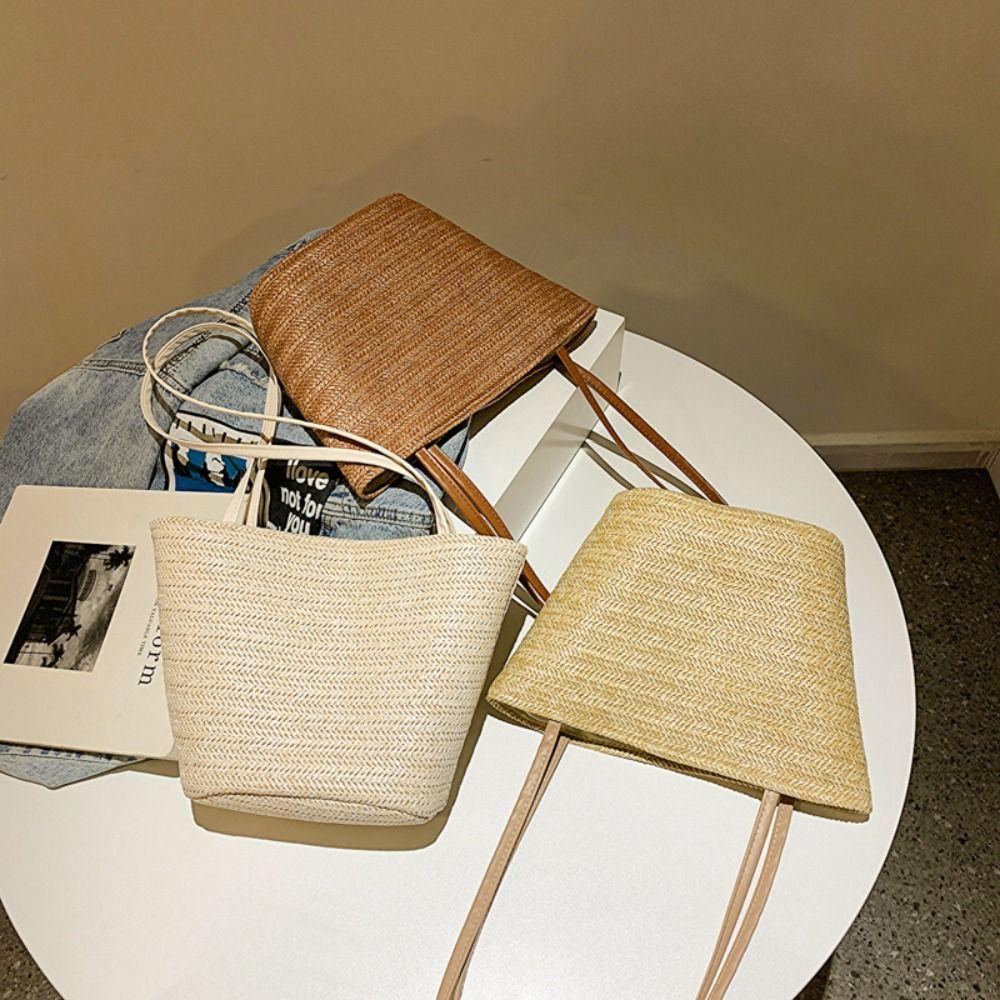 Large Capacity Straw Bucket Bag Solid Color Shoulder Bag Fashion Summer Beach Tote Girls