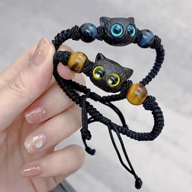 Adjustable Braided Rope Cute Black Cat Charm Bracelet for Women Men Wrist Chain Bracelet Couple Lovers Gifts Fashion Jewelry