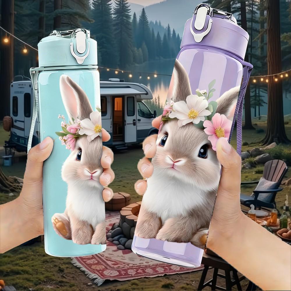 1PC Bunny With Flower Headband Cute Print 750ml Color Plastic Sports Water Bottle Leakproof Flip Straw Lid Suitable for Sports Office Home Use