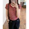 Американская ретро полосатая футболка контрастного цвета с правым плечом женская с коротким рукавом весенне-летний дизайн тонкий U-образный вырез с короткими летящими рукавами короткий топ