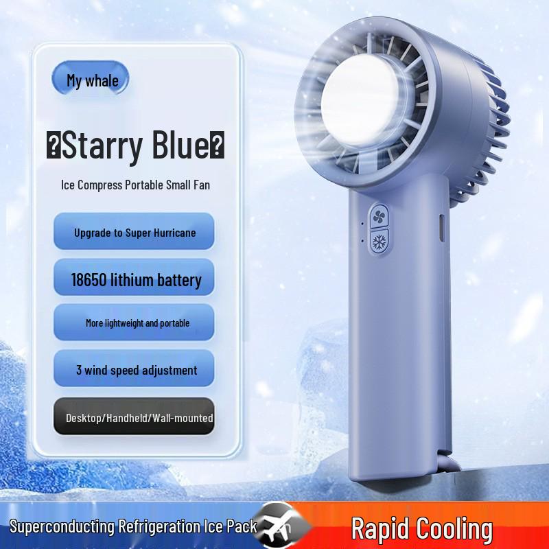 Rechargeable Portable Mini Fan with Ice Pack for Handheld or Desktop Use.