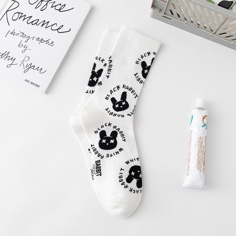 Women's Mid-Tube Cotton Socks - Black & White Japanese Embroidered Design for Autumn/Winter