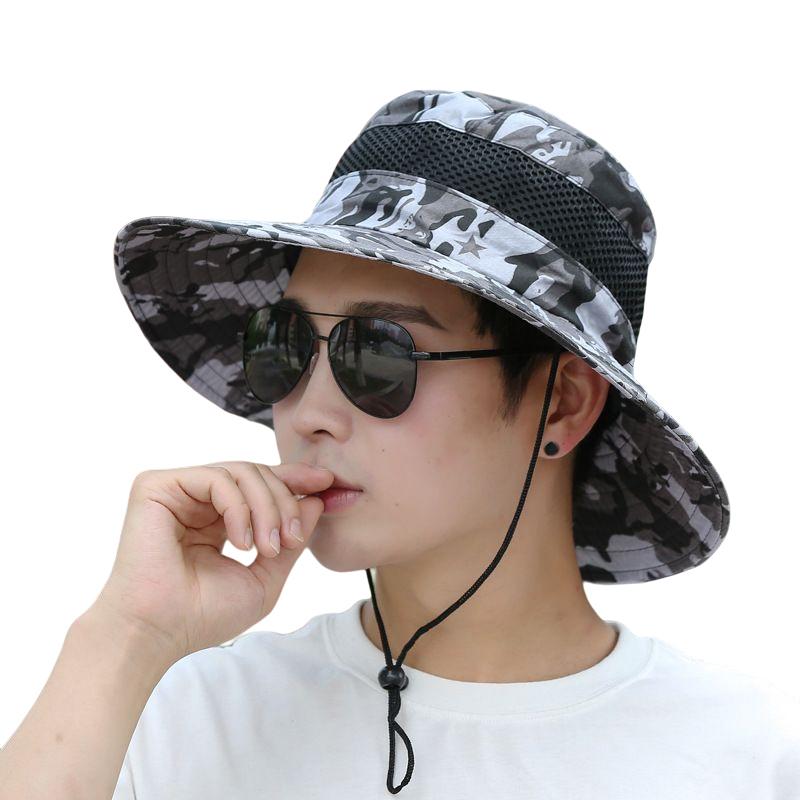 Летняя камуфляжная солнцезащитная панама для мужчин с широкими полями, ветрозащитная регулируемая шляпа от солнца, уличная походная шляпа для рыбалки