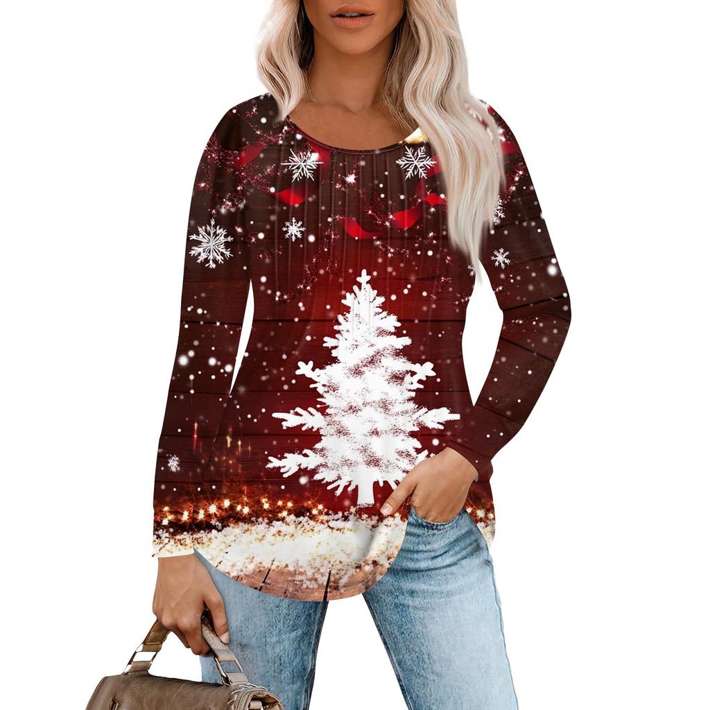 Women's Casual Top Christmas Printed Round Neck Long Sleeved Pleated T-shirt