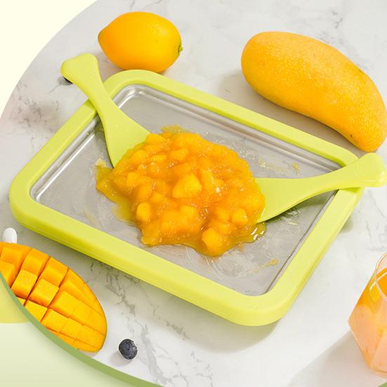 Fried Ice Machine Stainless Steel Large Freezing Tray with 2 Non-Stick Scrapers Fried Yogurt Maker for Rolled Ice Cream Popsicles