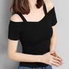 Off Shoulder Sling Short Sleeve Women T-shirt Summer Solid Color Slim Pullover Top Streetwear