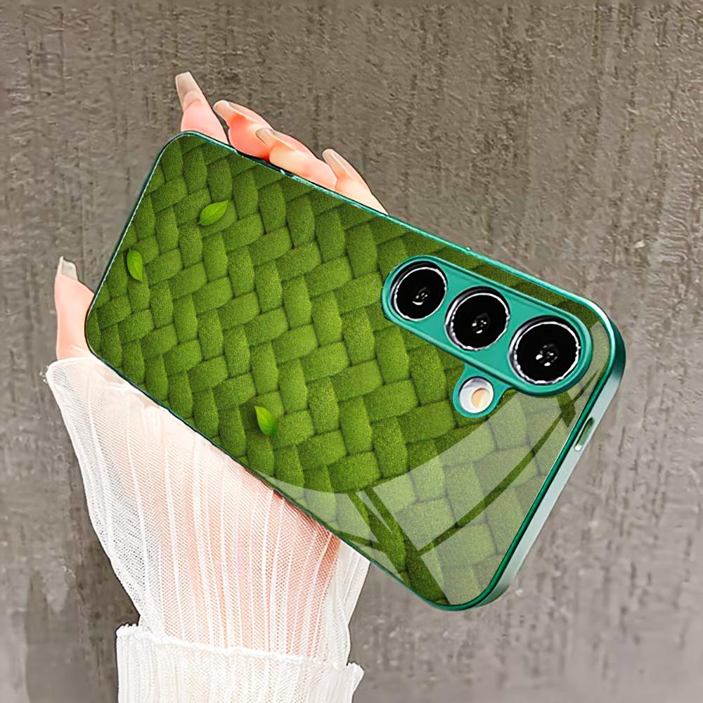 Плетеный травяной чехол для телефона Чехол для телефона со стеклом для Samsung Galaxy S26 S25 S24 S23 S22 FE Ultra Plus Встроенное стекло зеленый Изысканный