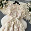 Summer Elegant Fairy Sequined Embroidery Flower Dress Women Chic Mesh Floral Lace Up Midi Evening Birthday Party Dresses