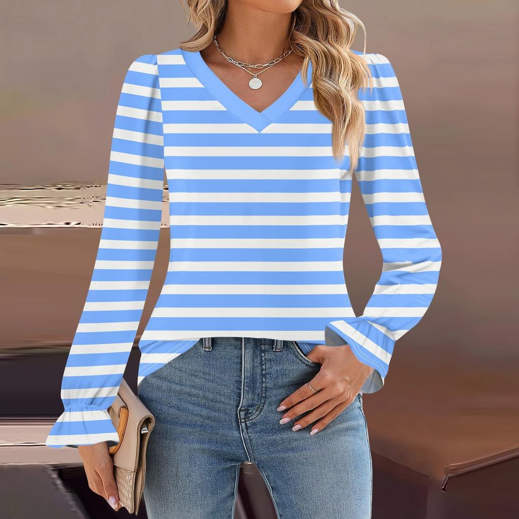 Women's Daily Casual Long-sleeved Striped Printed V-neck Top