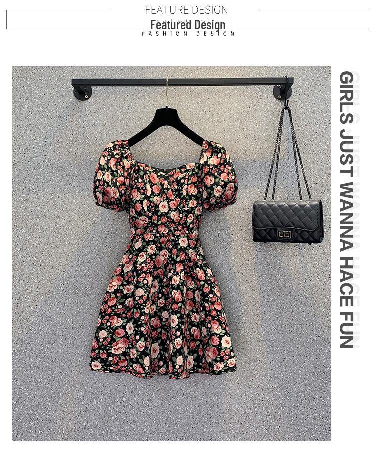 Платье размера плюс 2023 с французским цветочным принтом и пышными рукавами: Утягивающий, квадратный вырез, летний стиль