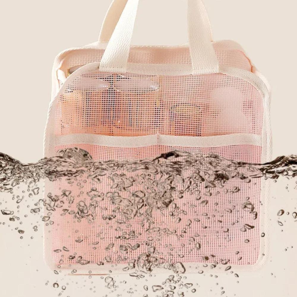 Portable Large Capacity Mesh Makeup Bag Solid Color Handheld Cosmetic Organizer Bag Lightweight Toiletry Storage Bag