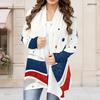 Women Plus Size Open Front Long Sleeve Cardigan Draped Collar Printed Navy Red Curved Hem