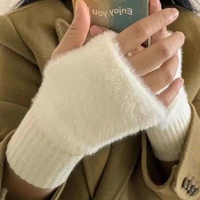 Модные Зимние Сенсорные Плюшевые Теплые Перчатки Женские Мужские Уличные Теплые Эластичные Меховые Варежки Шерстяные Без Пальцев