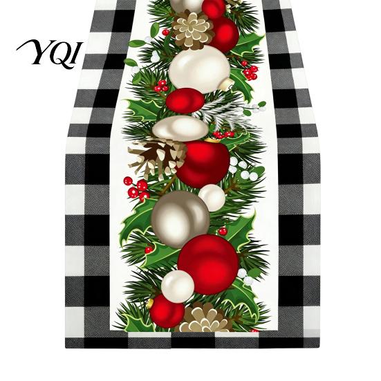 Dining Table Runner Christmas Runner, Xmas Tree Ball Reindeer Print Seasonal Tablecloth, Winter Holiday Party Decoration Decorative