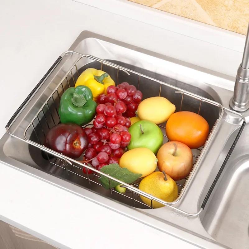 Adjustable Stainless Steel Sink Dish Plate Drain Rack Expandable Drying Basket Fruit Bowl Drainer Holder Kitchen Storage