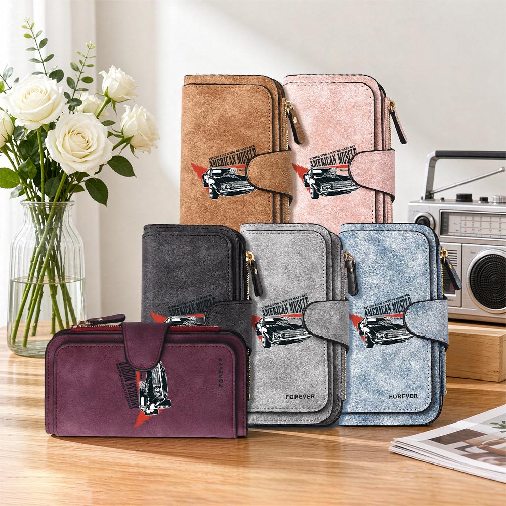 Stylish PU Leather Long Wallet American Muscle Car Printed Card Holder Daily Use Durable Purse