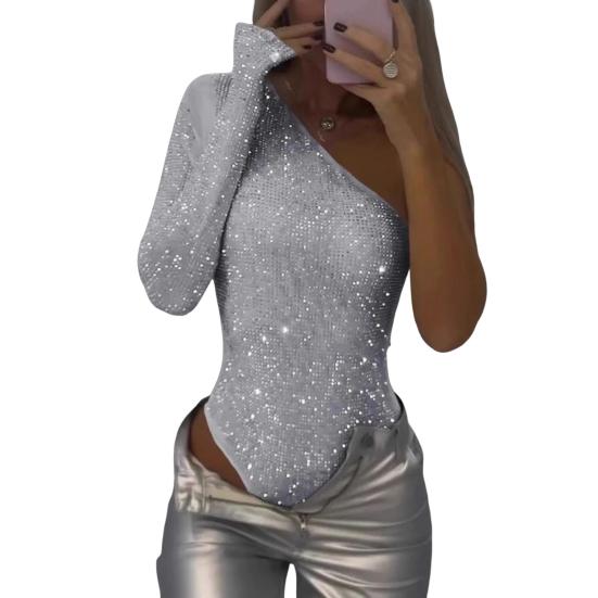 Женский сексуальный боди с пайетками, длинный рукав, одно плечо, топ-труба, комбинезон, женский облегающий цельный комбинезон для вечеринок, клубов, баров