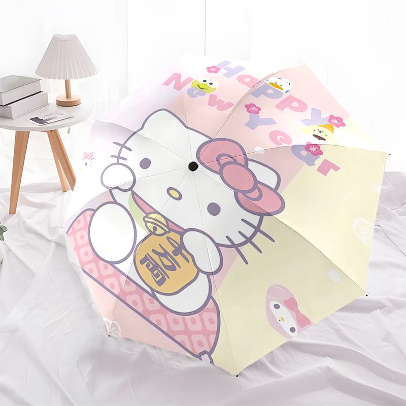 1pc Hello Kitty Happy New Year Automatic Opening/Closing Umbrella with Foldable Design, Iron Frame Outdoor Umbrella for Fans, Travelers, Daily Use, Gi