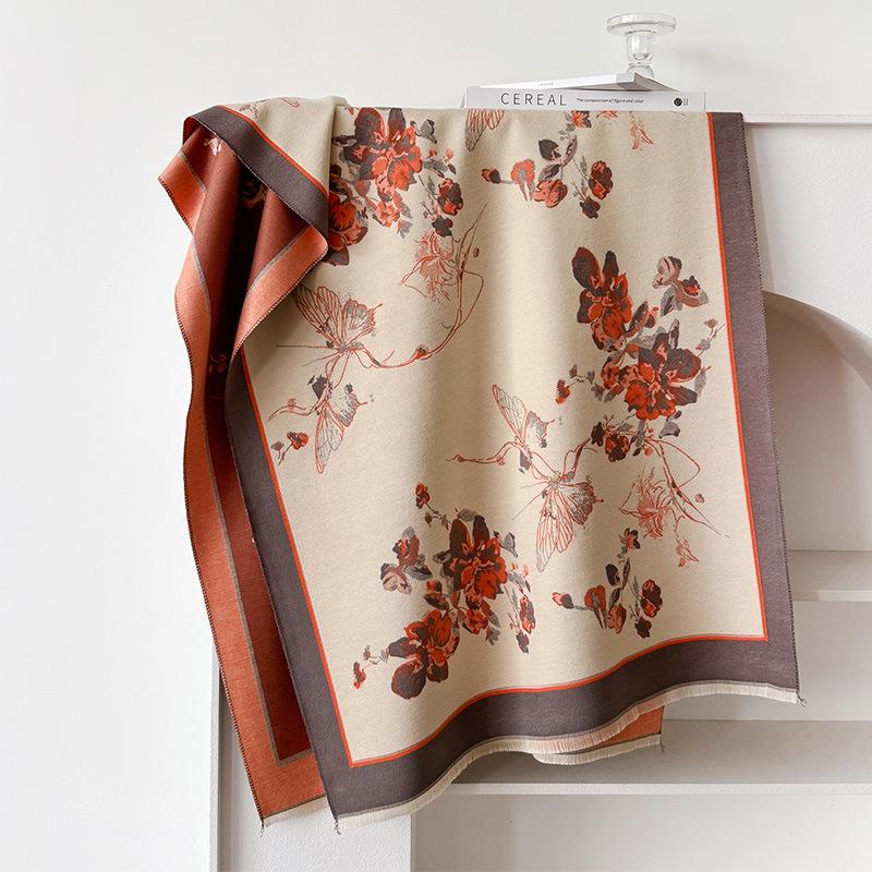 Korean Version Of Butterfly Love Flower Imitation Cashmere Thickened Winter Warm Scarf Fashion Shawl Double-Sided Printed Scarf