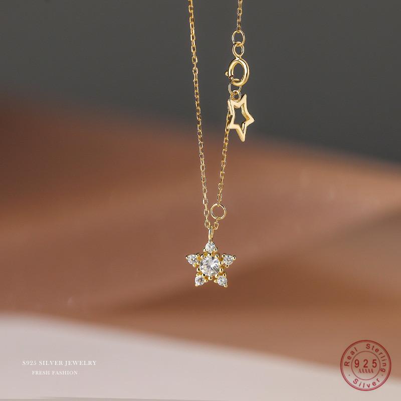 925 Sterling Silver 14k Gold Plated Zircon Necklace for Women Star Double Pendant Clavicle Chain Simple Temperament Jewelry