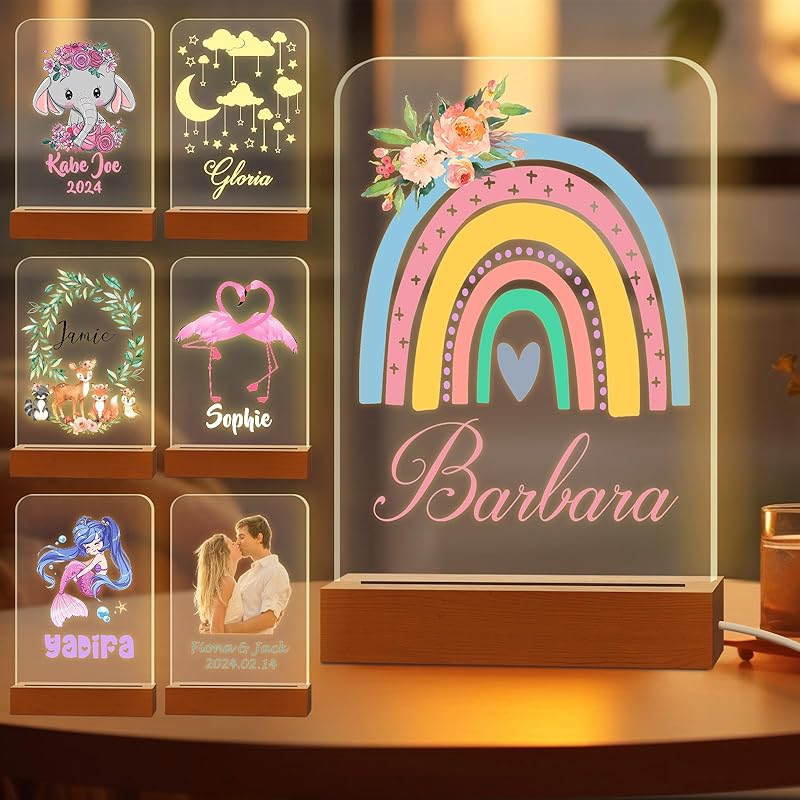 Персонализированный ночник для детей, выгравированное имя, акриловые светодиодные лампы с деревянной основой для детской спальни, декоративный ночник, индивидуальный день рождения