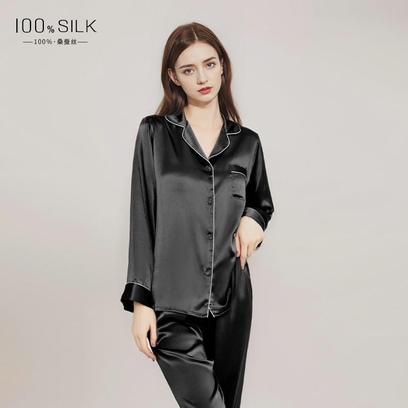Womens 100% Pure Silk Pajama Set Long Sleeve Pants Lightweight Sleepwear Home Loungewear Fall Winter