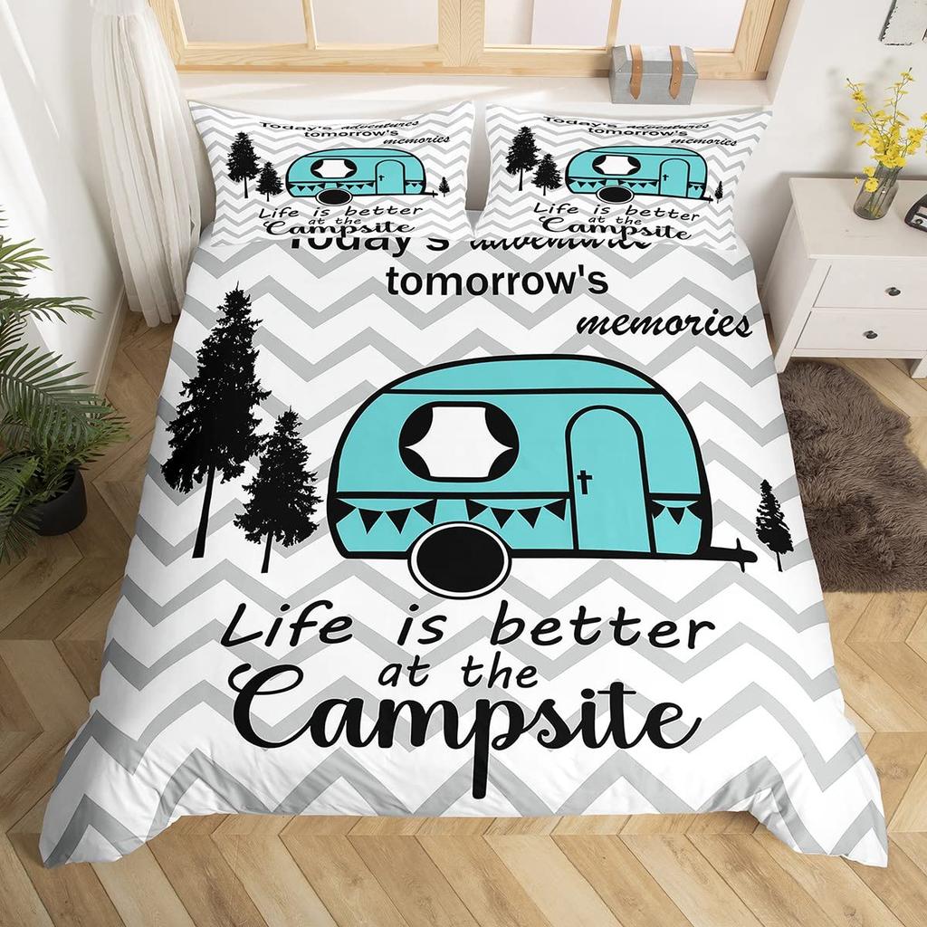 Camping Duvet Cover Lodge Cabin Camp Travel Car Bedding Set,Happy Glamping Trailer Comforter Cover Queen,Vintage Farmhouse Decor