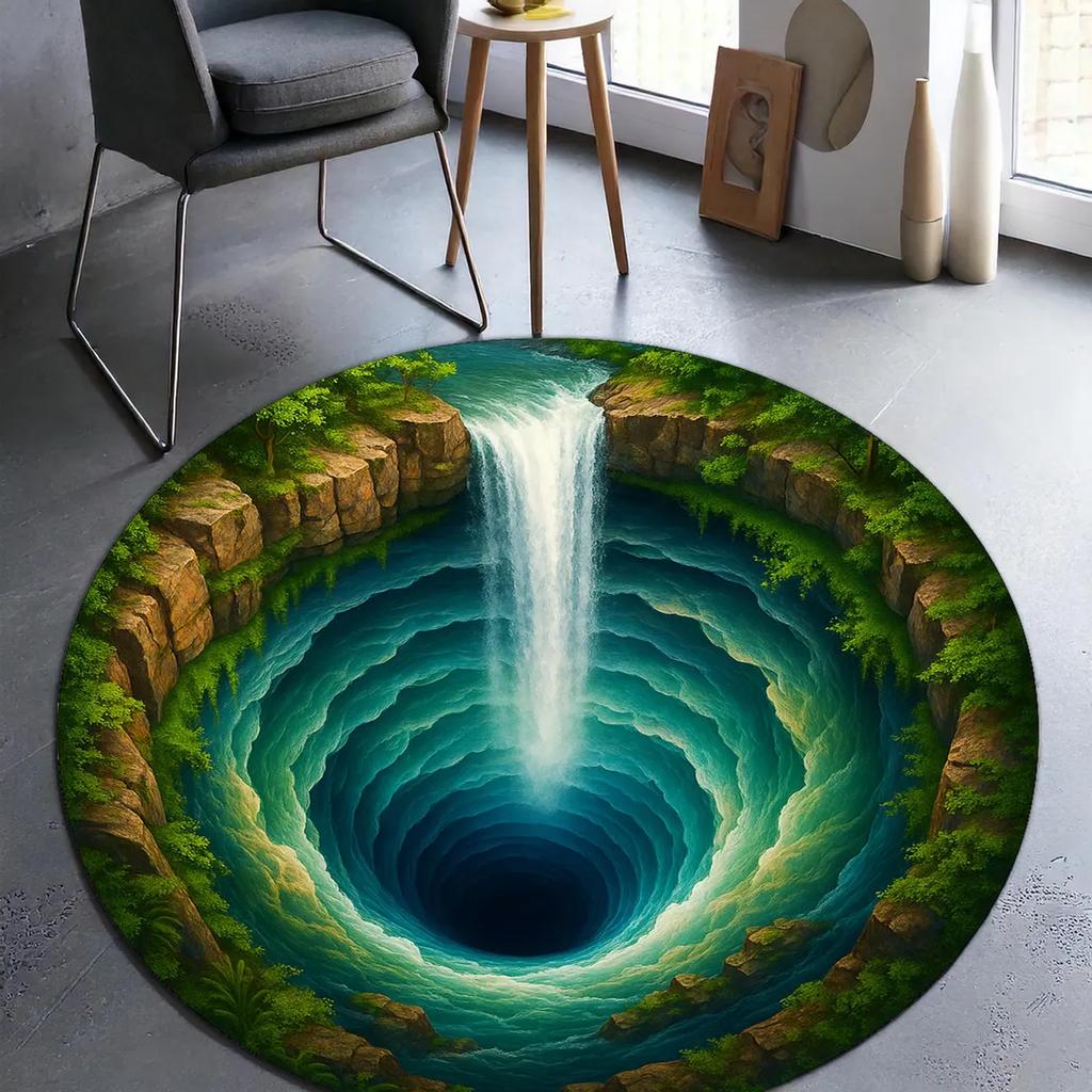 Круглый ковер с 3D-иллюзией водопада, ковер с оптической глубиной в виде пещеры, вдохновленный природой декор для пола для гостиной, спальни, коврик для медитации