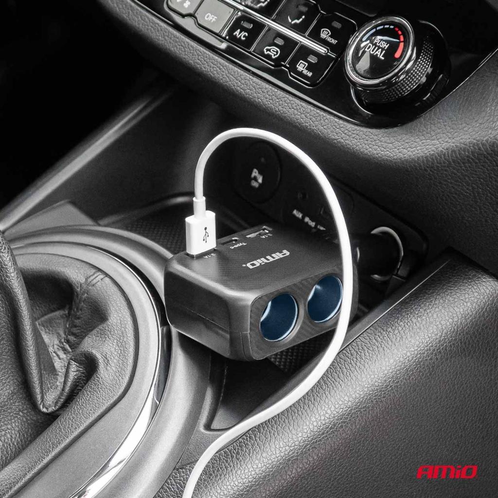Cigarette lighter socket splitter with charger 2x USB-A 1x USB-C 12V 24V 100W 180° AMIO-04357