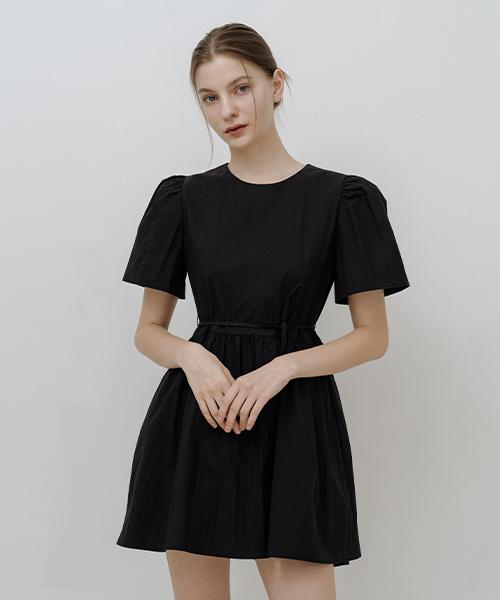 Ish Two Ribbon Detail Puff Sleeve Mini Dress (Black)
