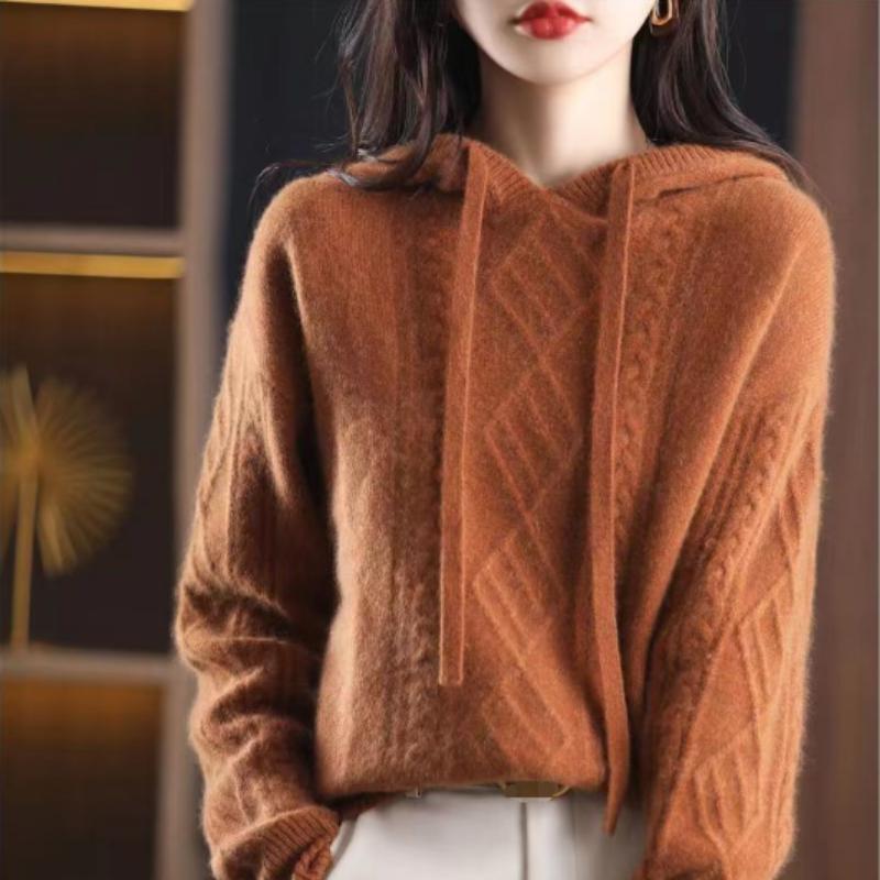 Женский свитер с капюшоном, толстовки с длинным рукавом, однотонный свитер с переплетением, свободный теплый свитер, джемпер