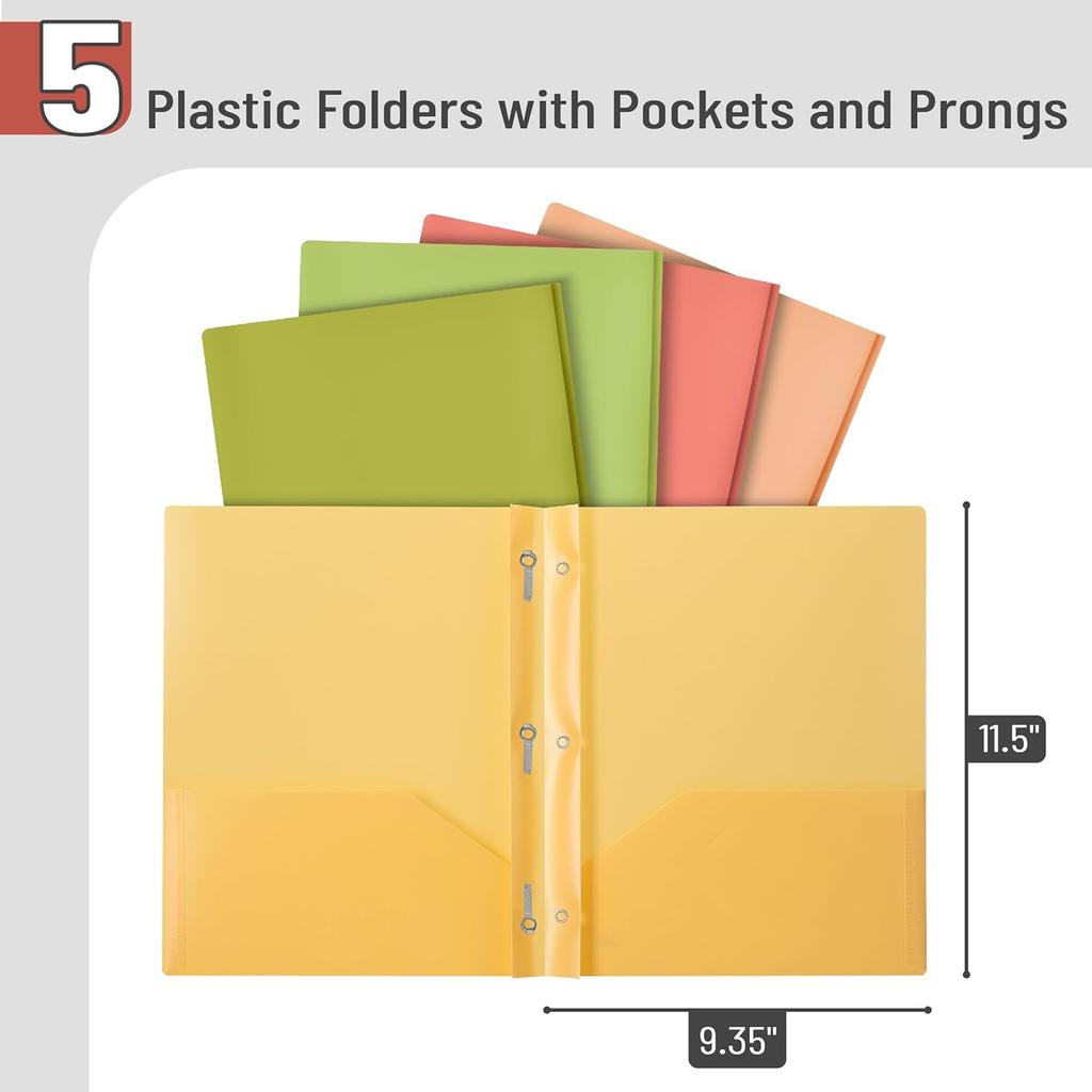 Mr. Pen- Plastic Folders with Pockets and Prong, 5 Pack, Assorted Colors, Pocket Folders, Folders with Prongs, File Folders with Fasteners, 2 Pocket