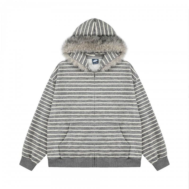 Unisex Retro Striped Hooded Zip-Up Sweatshirt Oversized Casual Streetwear Pullover