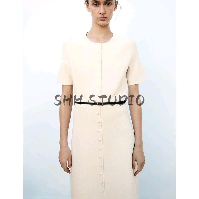 Spring and Summer New Women's Clothing Minimalist Style Decorated Row Button with Belt Short Sleeve Round Neck Midi Skirt Dress 9598058