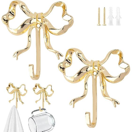Gold Bow Wall Hook, 2Pcs Large Size Coat Hook, Metal Hook Bow Hooks for Coats, Hats, Bags, Bath Towels and Room Decorations, for Wedding Bathroom