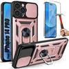 Case for iPhone 14 Pro - Pink - 2 Tempered Glasses - 360° Rotating Stand - Camera Protection