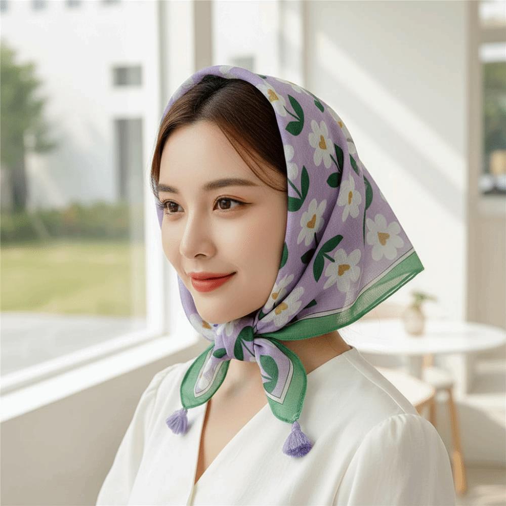 60x60cm Square Scarf Fringed Floral Kerchief Head Wrap Neck Neckerchief Sun-Protection
