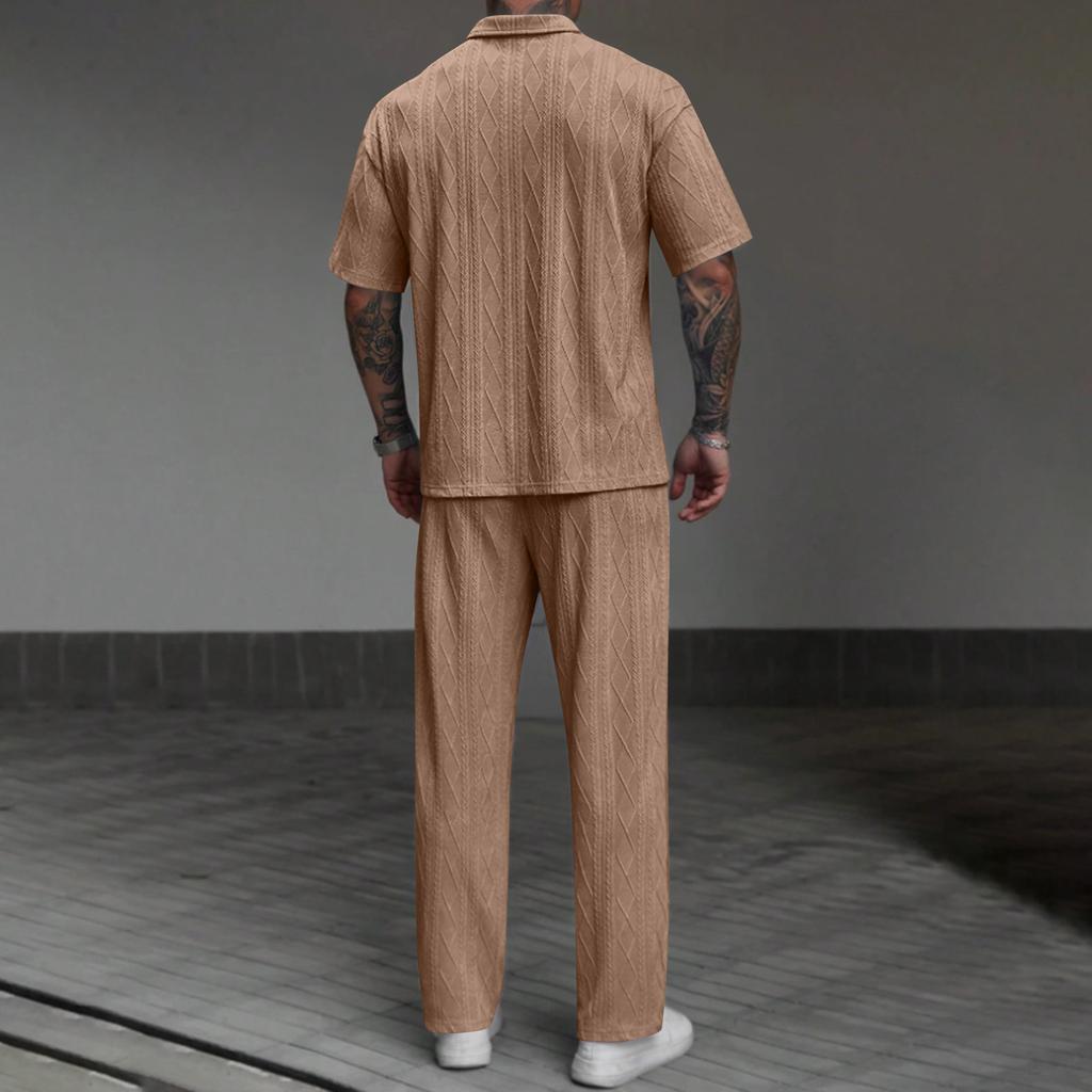 Men's Solid Color Textured Short Sleeved Trousers Suit Men's Casual Suit