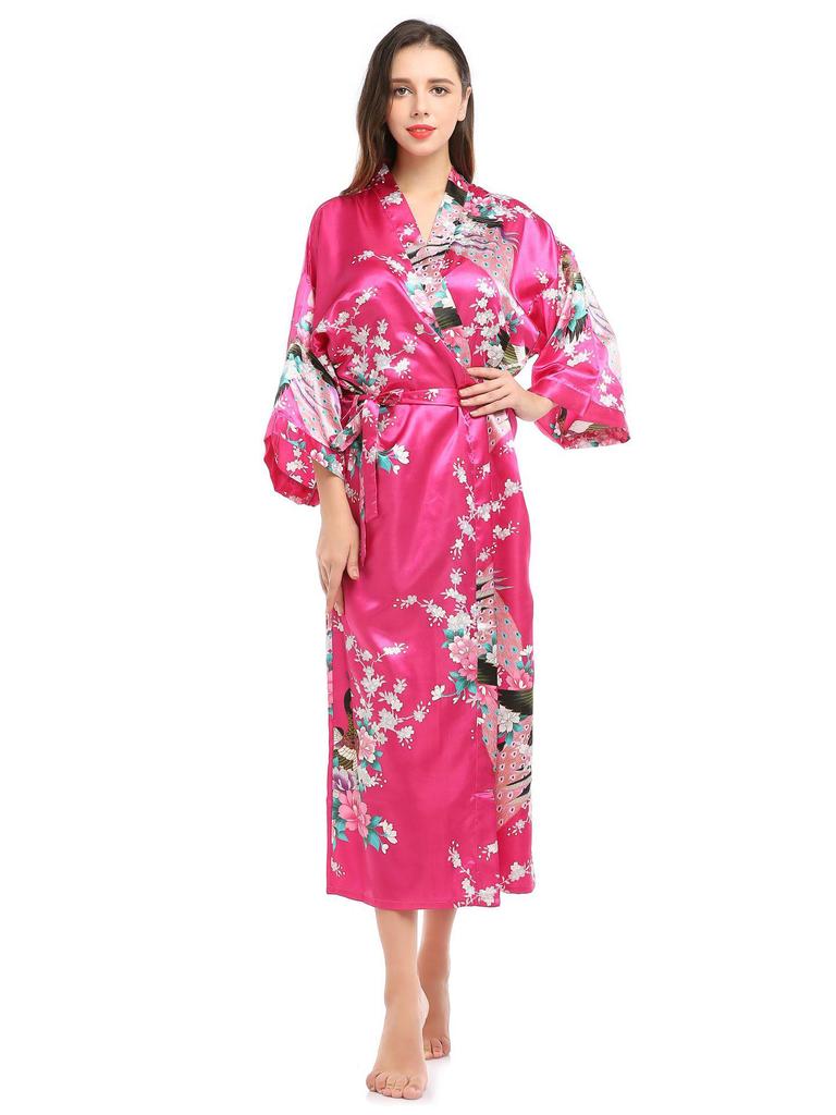 Длинный летний кардиган-пижама с принтом павлина и карманами