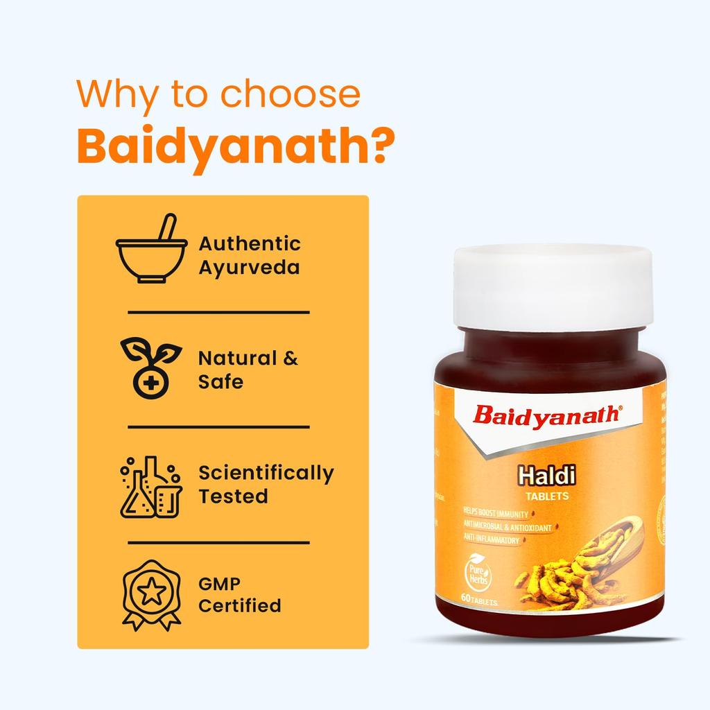 Baidyanath Таблетки с куркумой Упаковка из 2 штук по 60 таблеток каждая по 250 мг Натуральный экстракт куркумы для иммунитета, сияния кожи и поддержки здорового пищеварения
