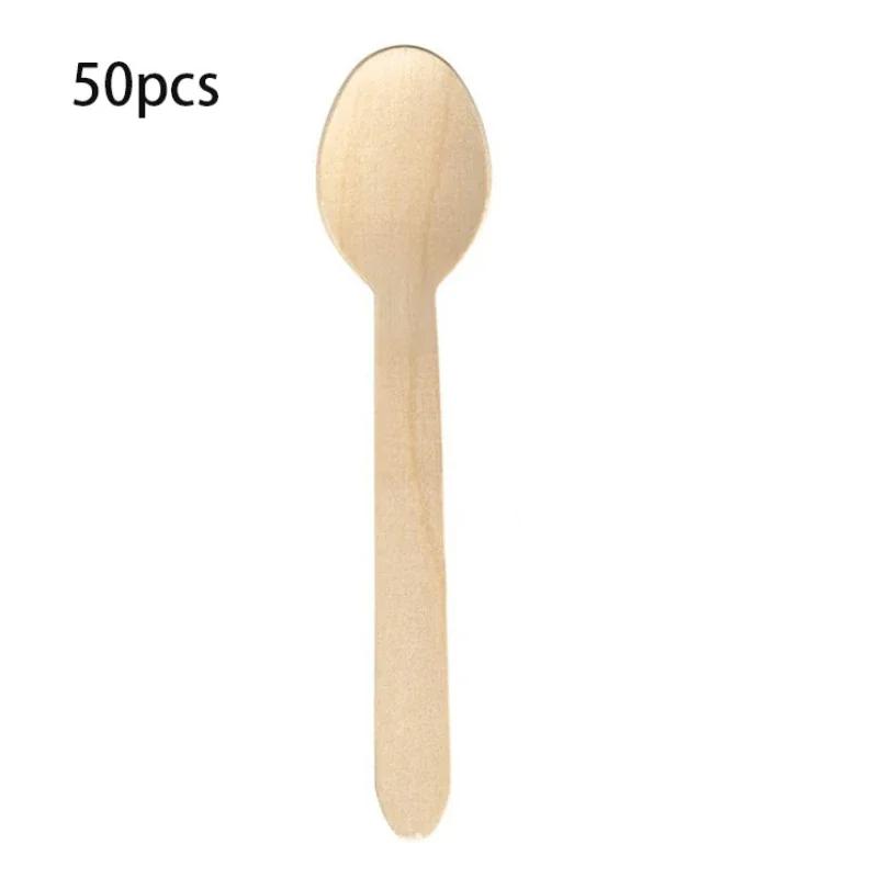 50/100PCS Natural Wooden Disposable Cutlery Set Dessert Cake Knives Forks Spoons for Parties Weddings Cafes Tableware Supplies