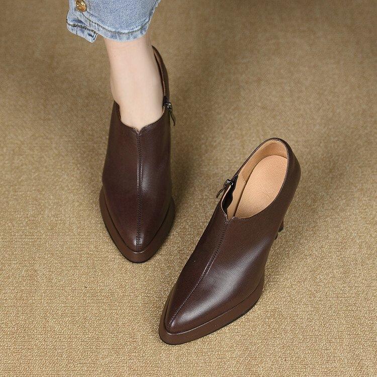 2026 new thick heel high heel single shoes pointed British style small leather shoes retro deep zipper high heels